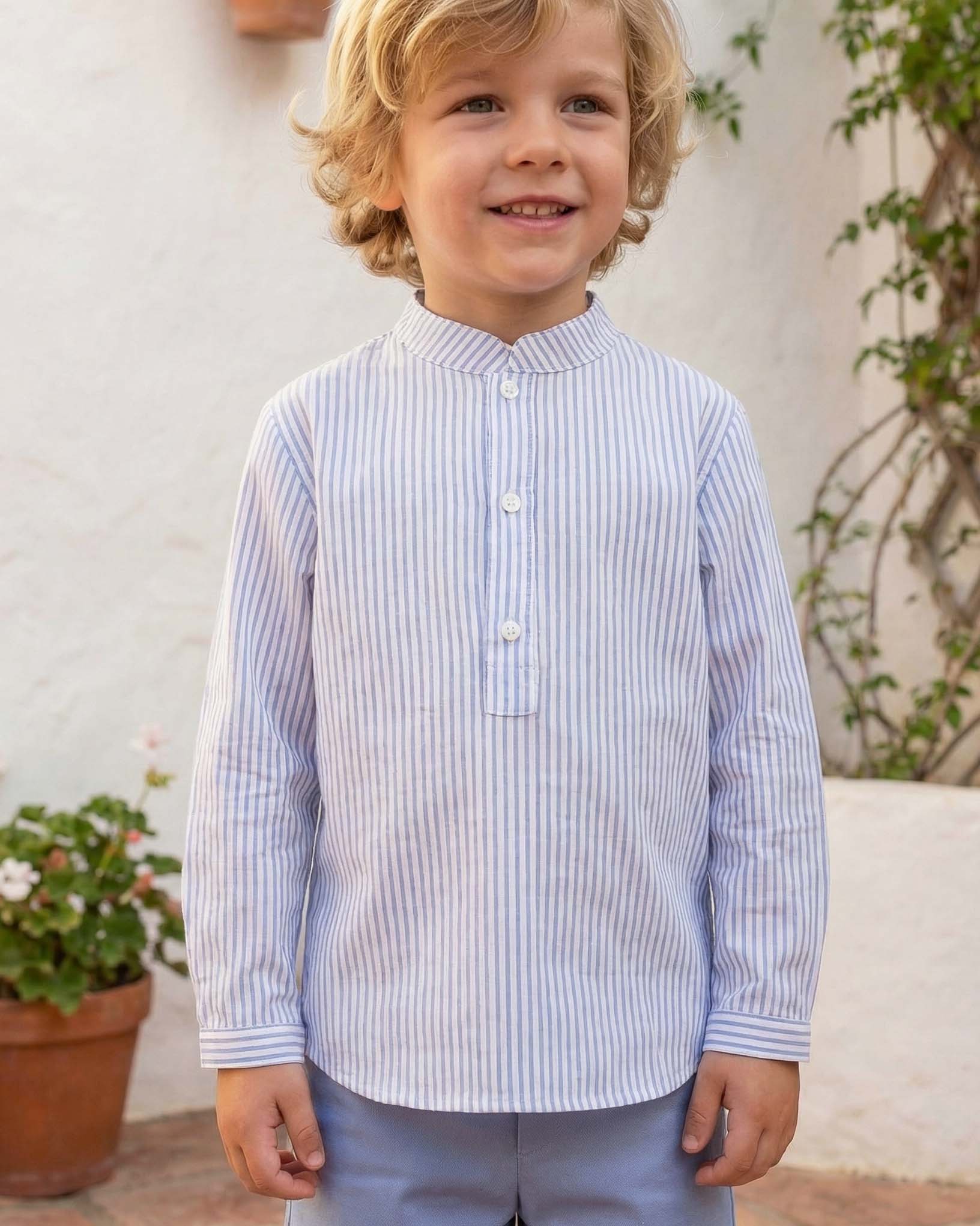 Camisa lino cuello mao 3 botones manga larga raya azul