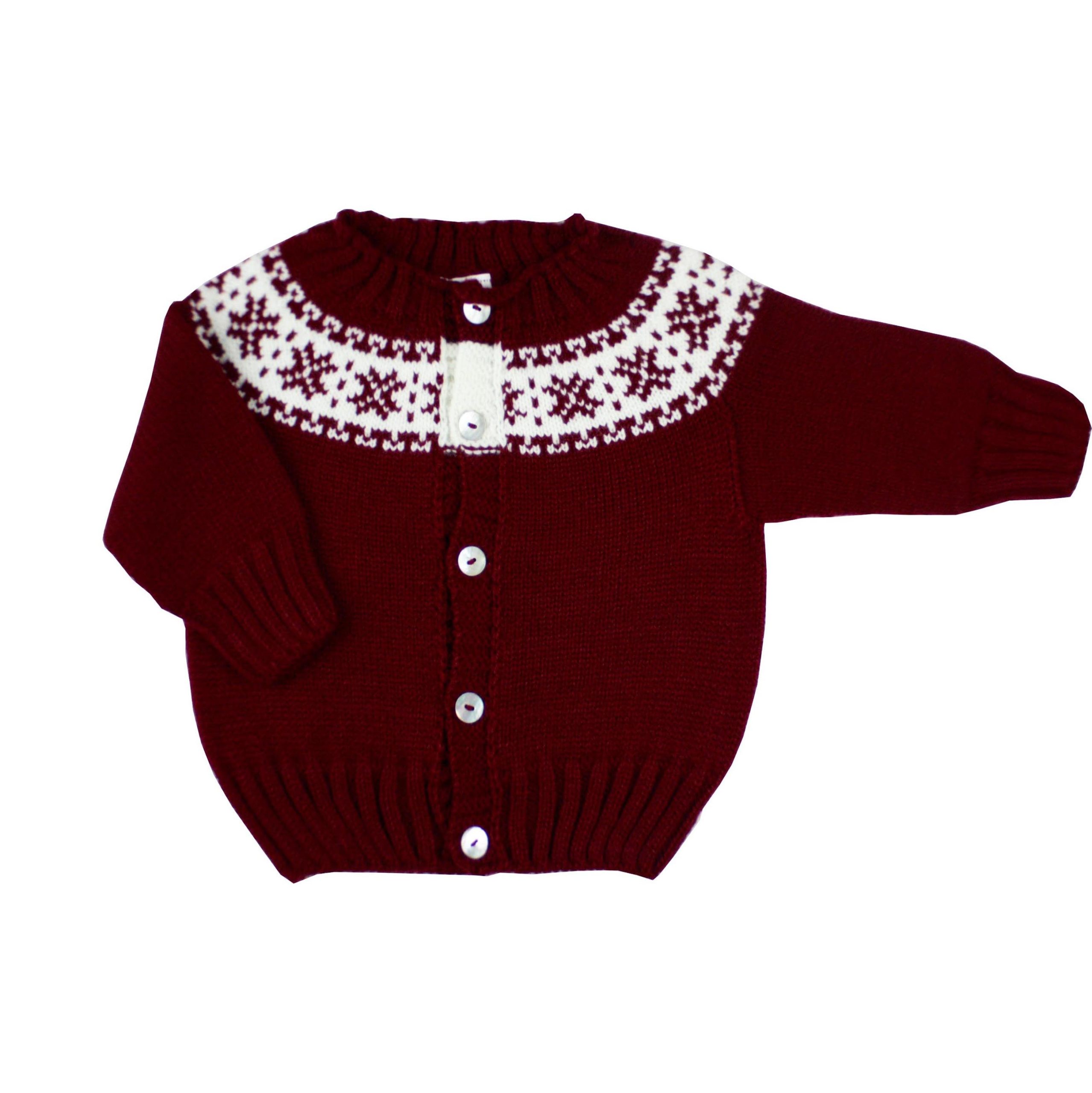 Chaqueta de punto burdeos con greca blanca