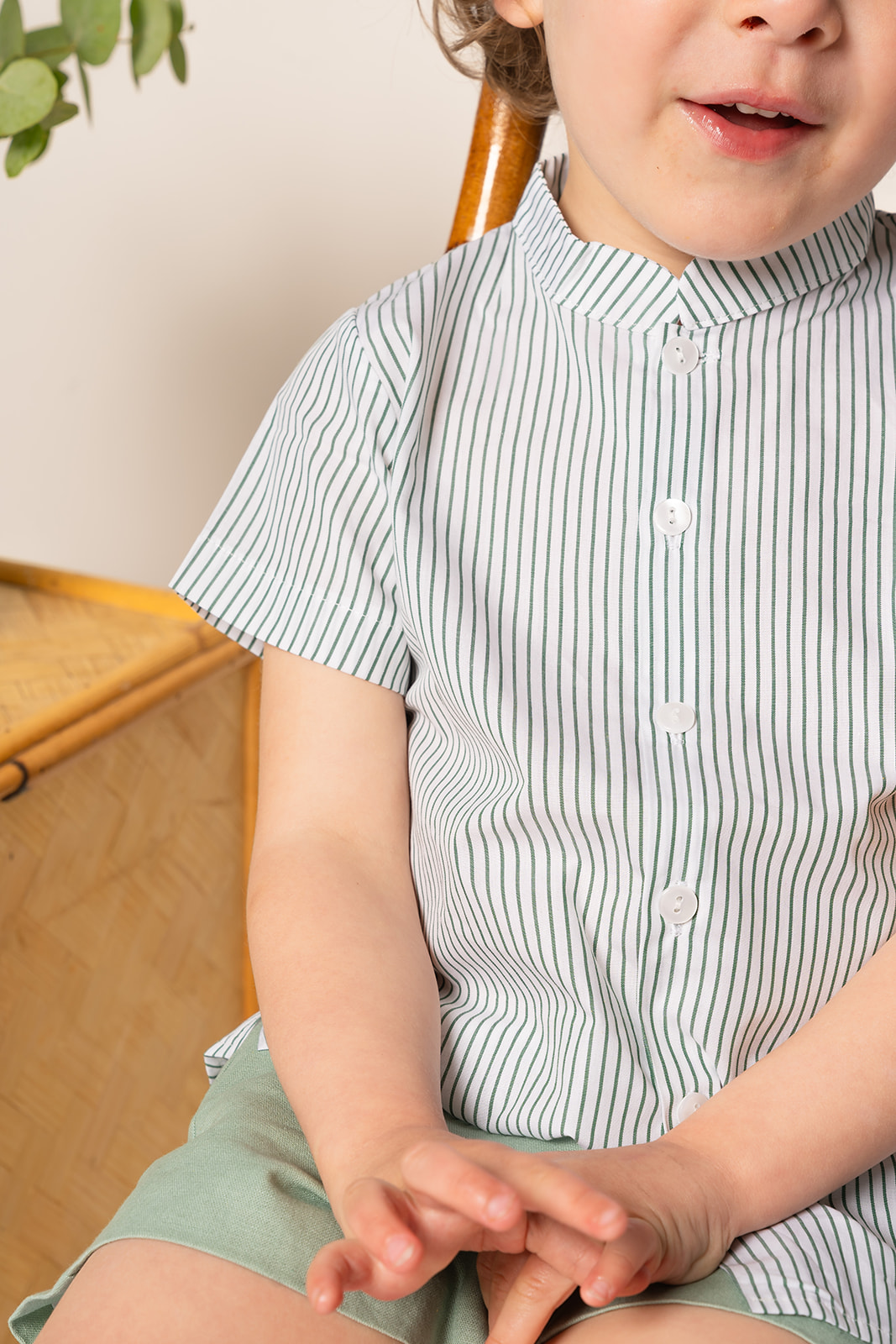 Camisa cuello mao manga corta raya verde
