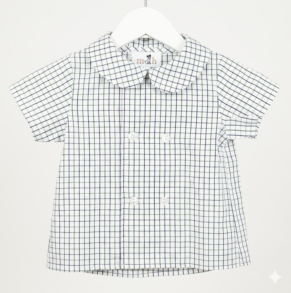 Camisa doble botonadura manga corta cuadro verde y marino