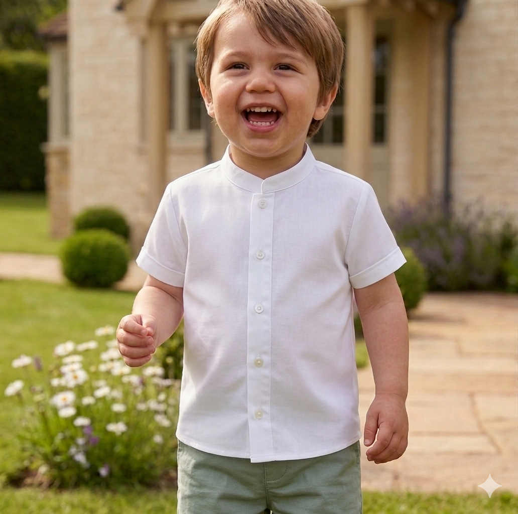 Camisa blanca cuello mao manga corta
