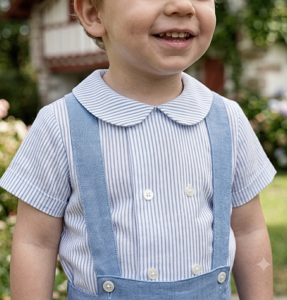 Camisa lino doble botonadura manga corta raya azul