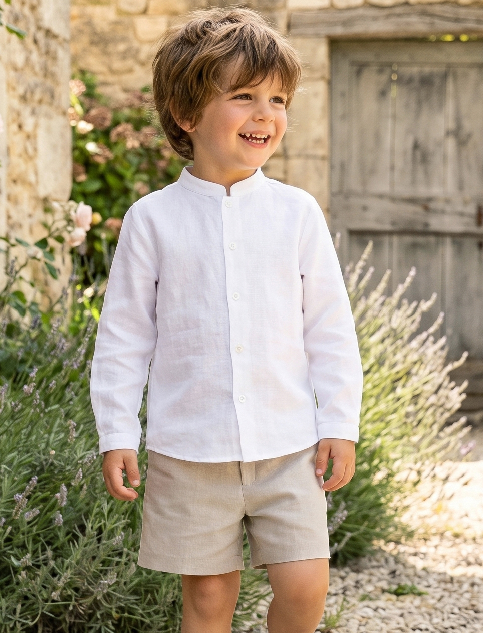 Camisa lino cuello mao manga larga blanco