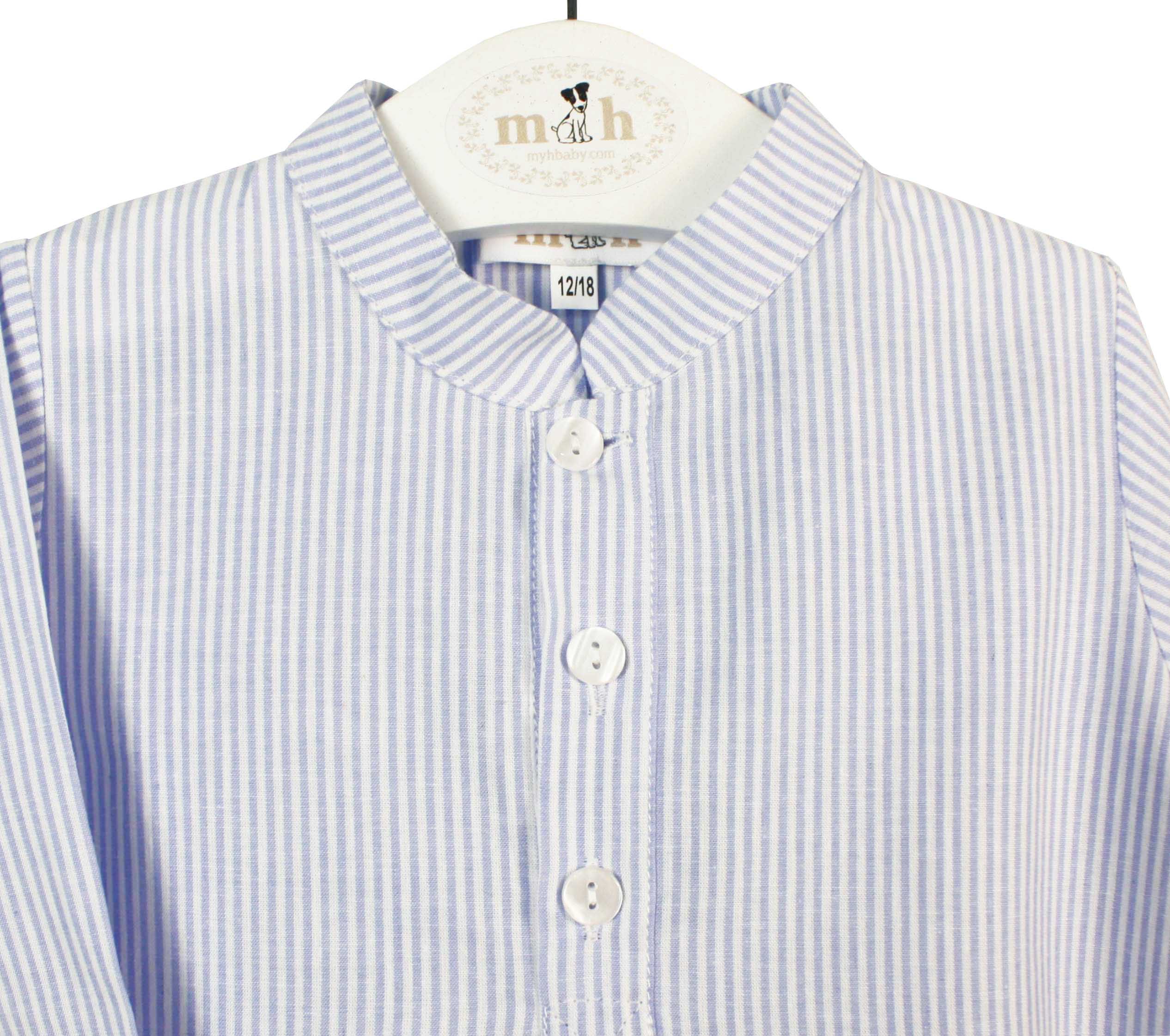 Camisa lino cuello mao 3 botones manga larga raya azul
