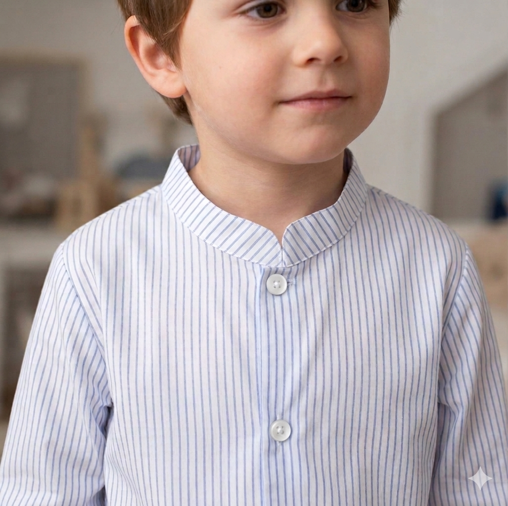 Camisa cuello mao manga larga raya fina azul