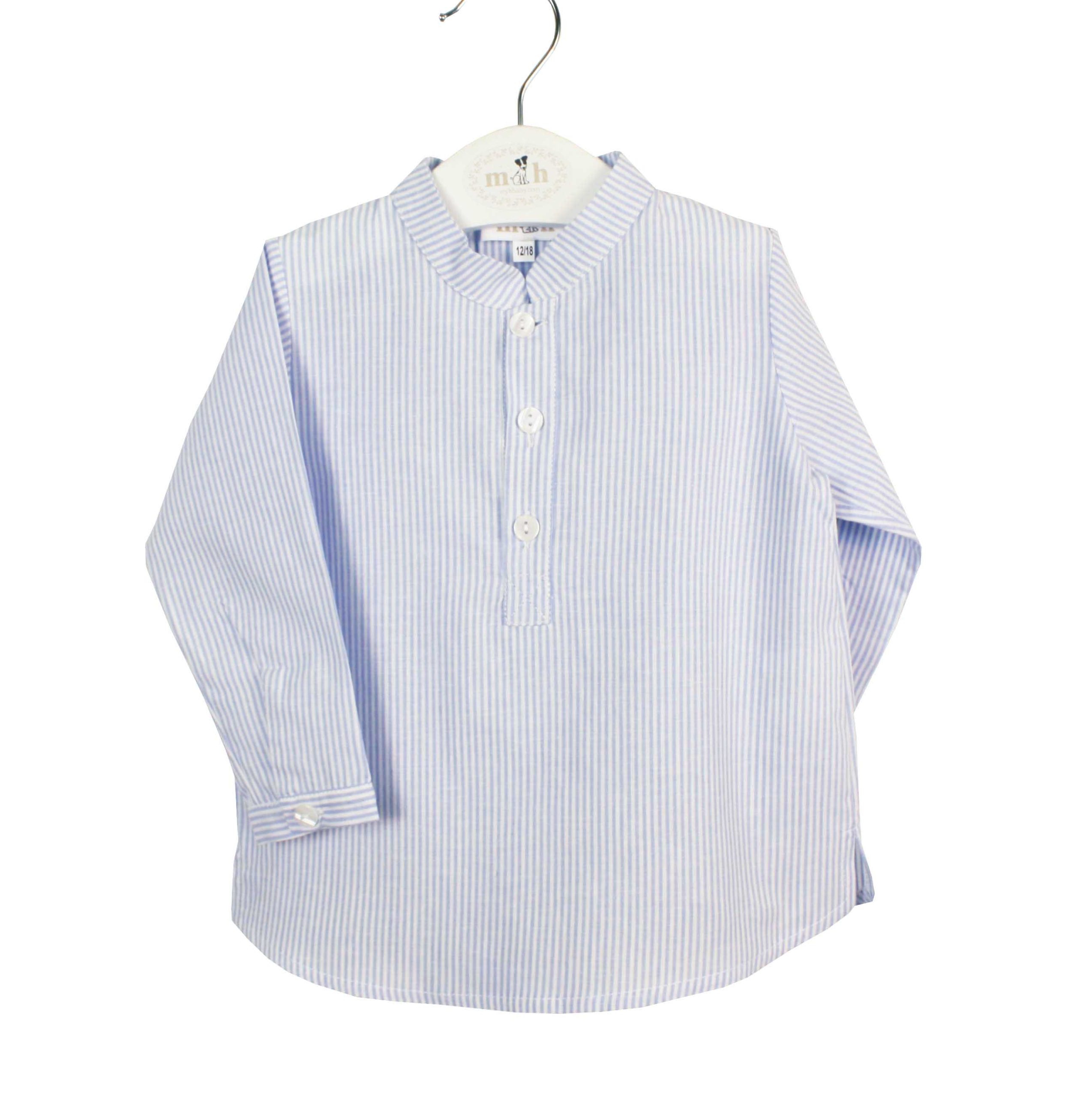 Camisa lino cuello mao 3 botones manga larga raya azul