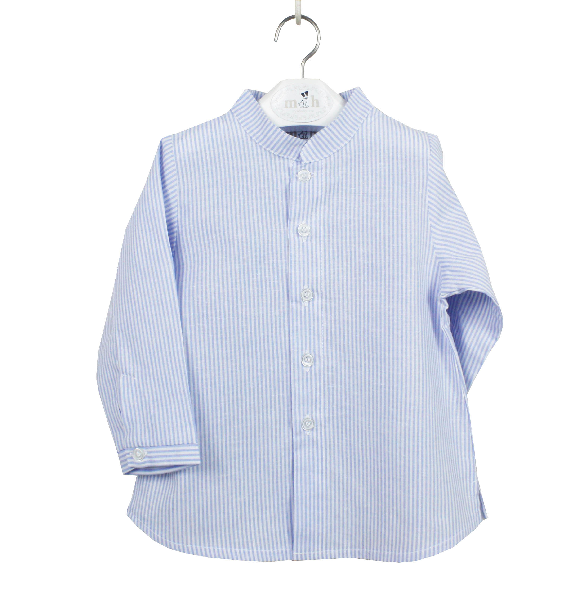 Camisa lino cuello mao manga larga raya azul