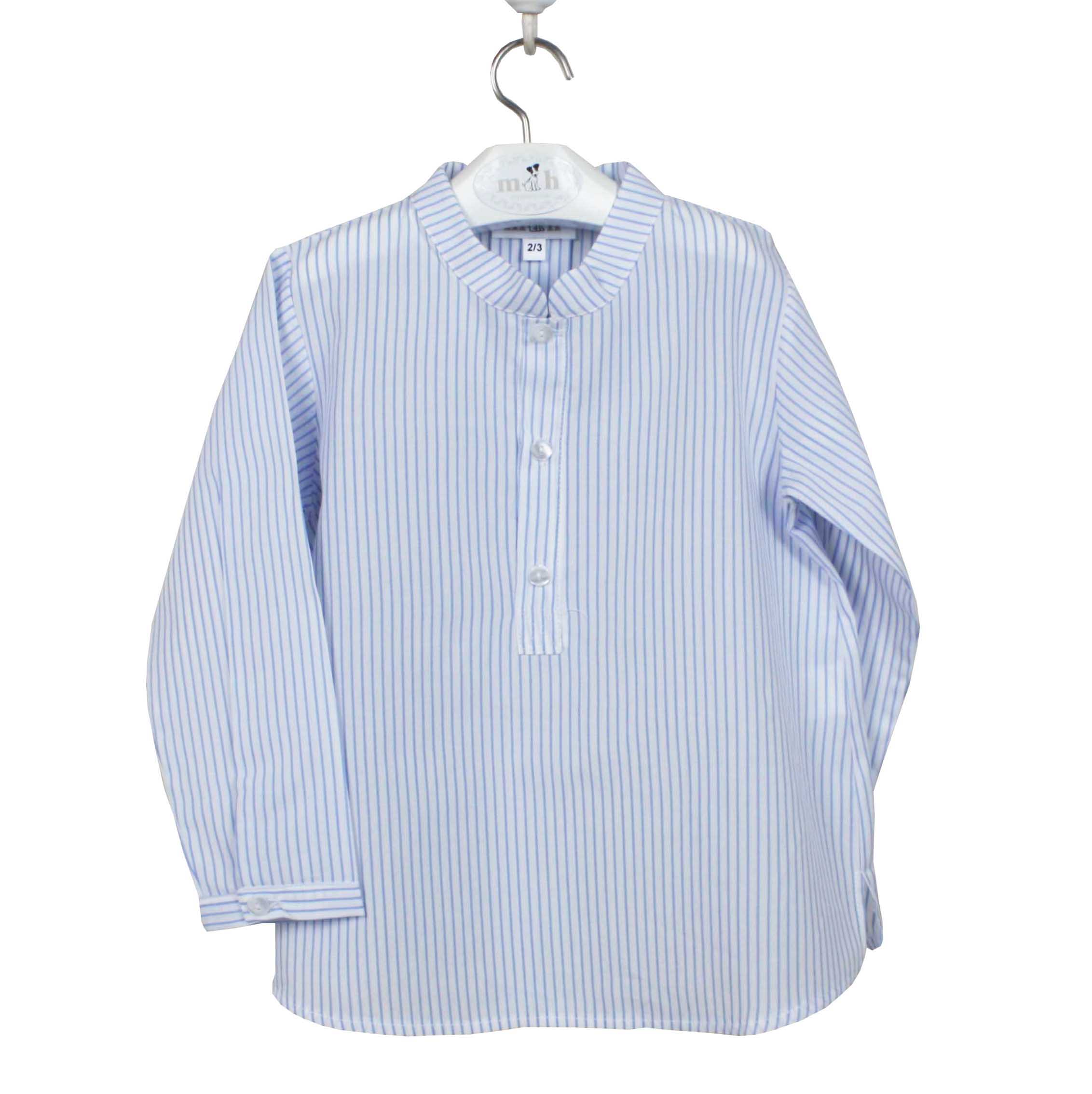 Camisa cuello mao 3 botones manga larga raya fina azul