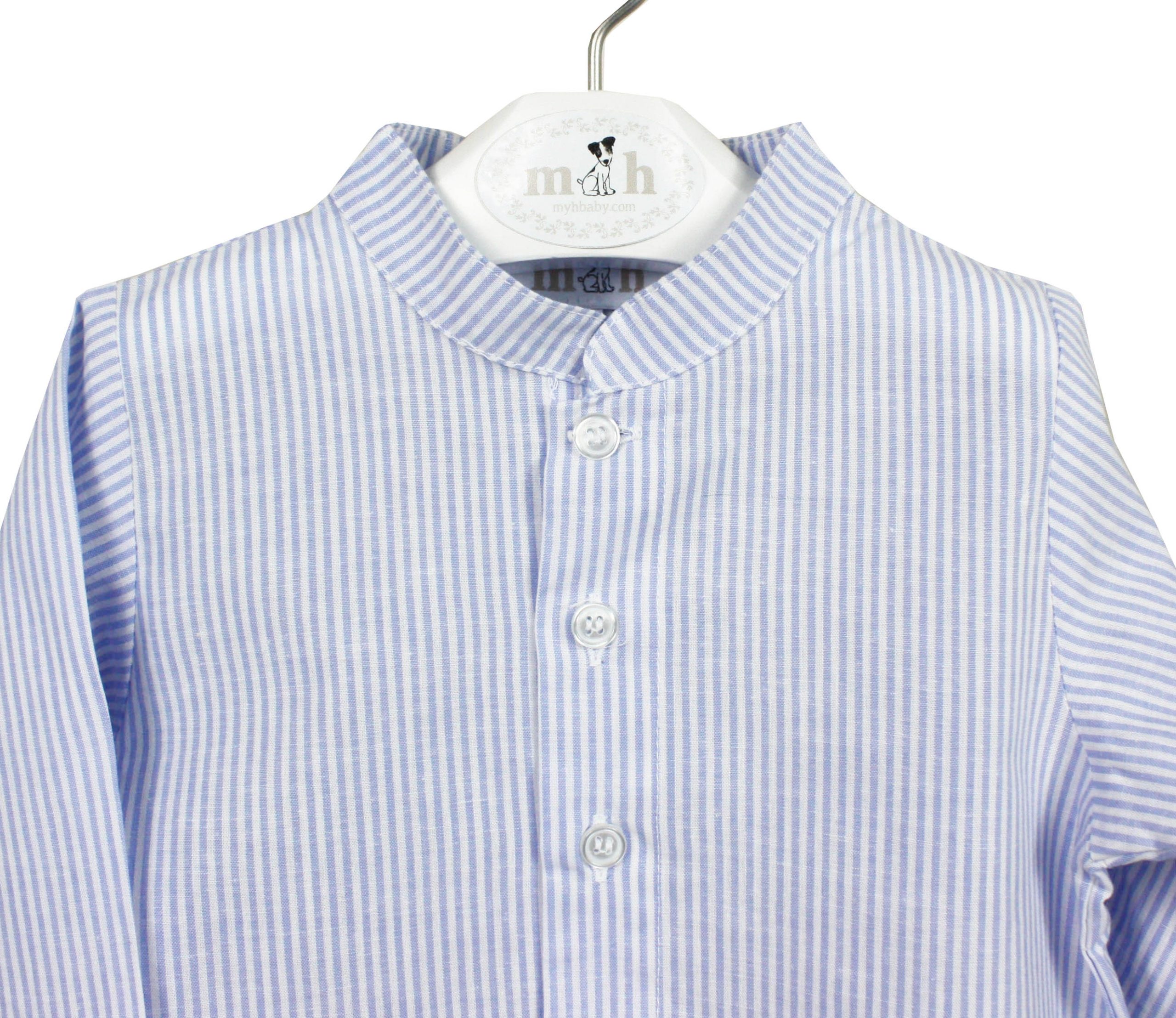 Camisa lino cuello mao manga larga raya azul