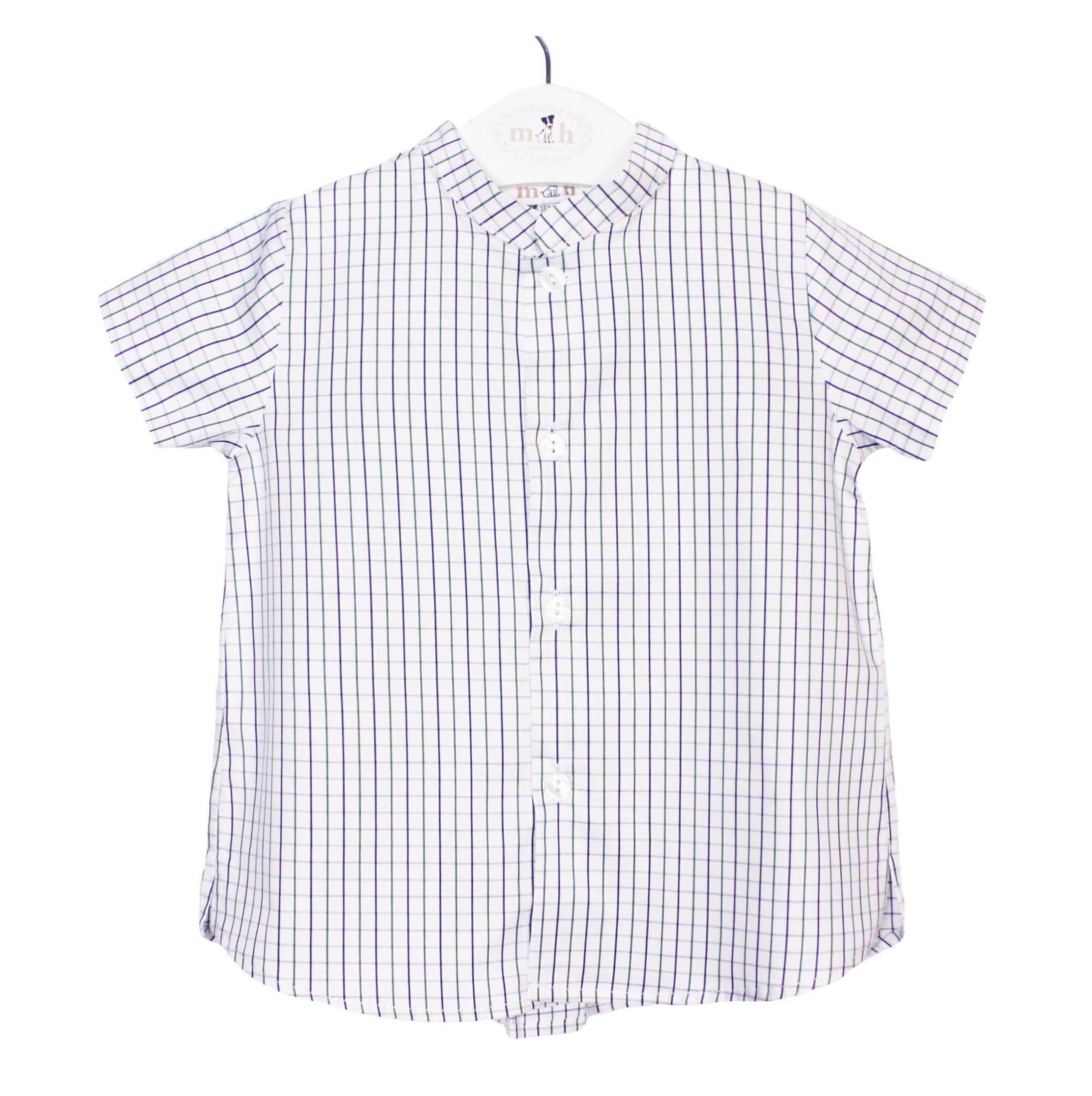 Camisa cuello mao manga corta cuadro verde y azul marino