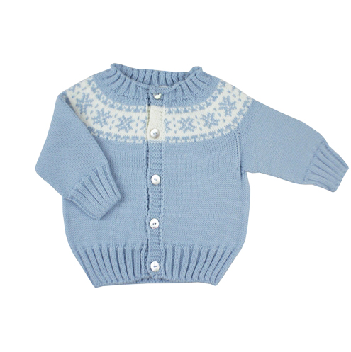 Chaqueta de punto celeste con greca blanca