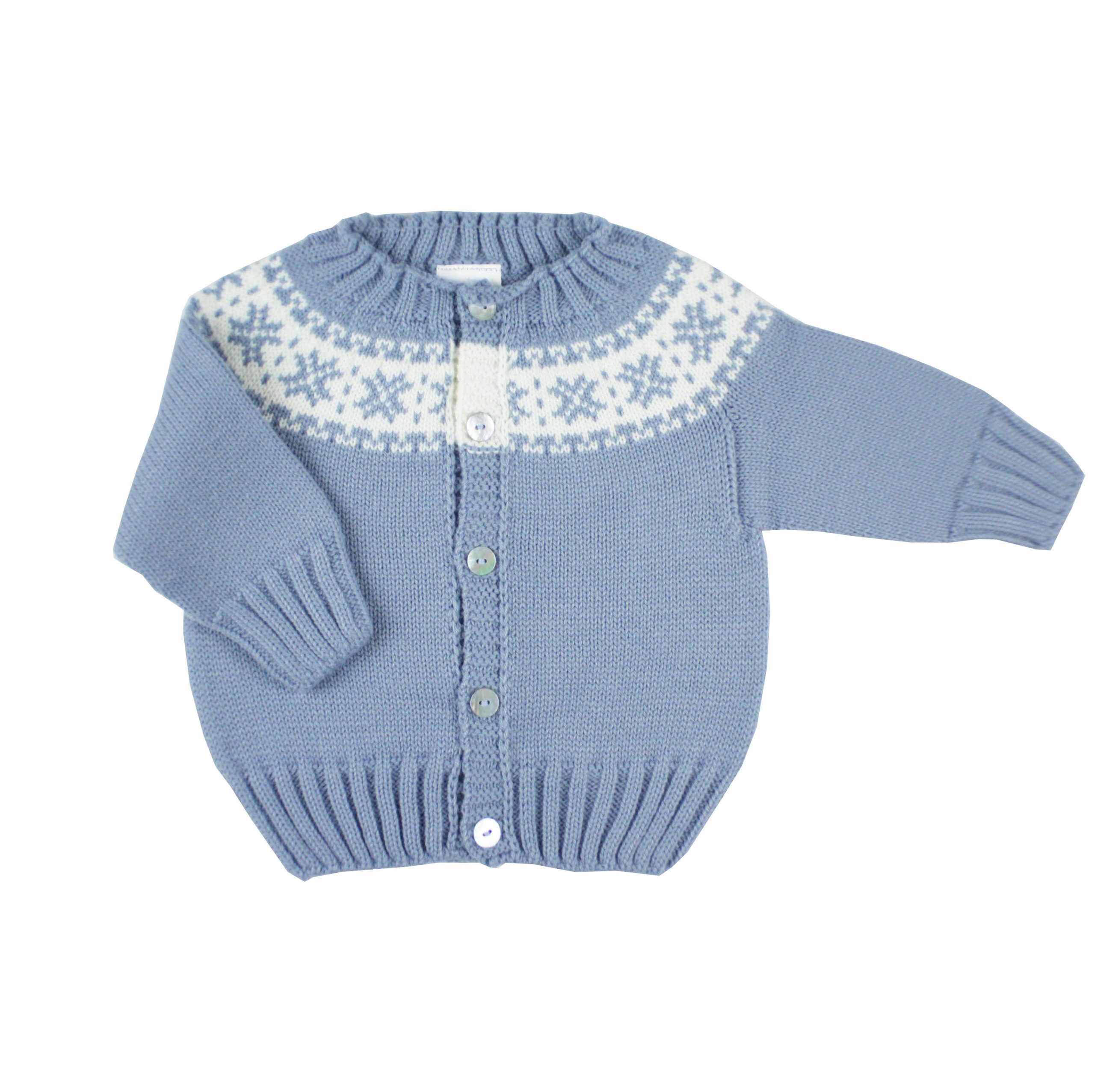 Chaqueta de punto azulón con greca blanca