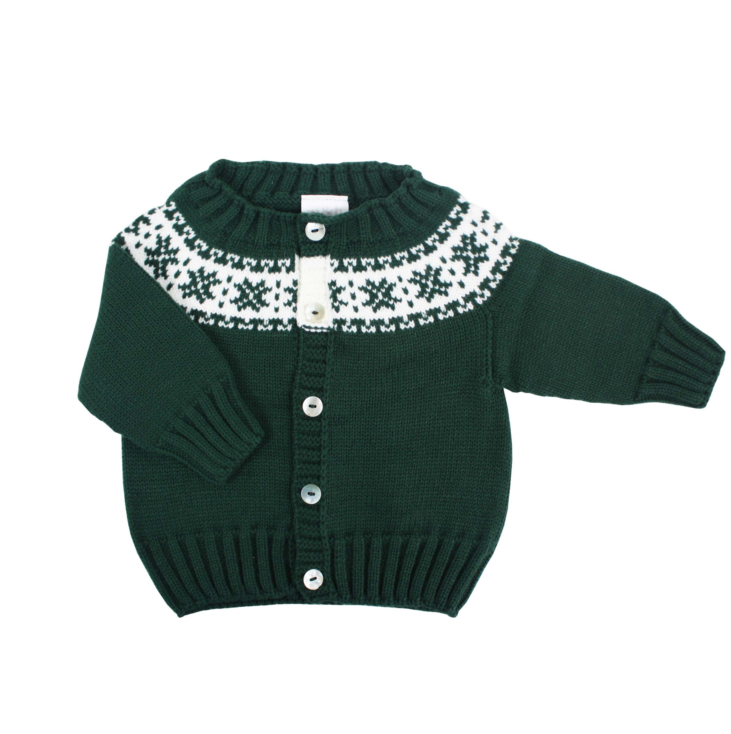 Chaqueta de punto verde botella con greca blanca