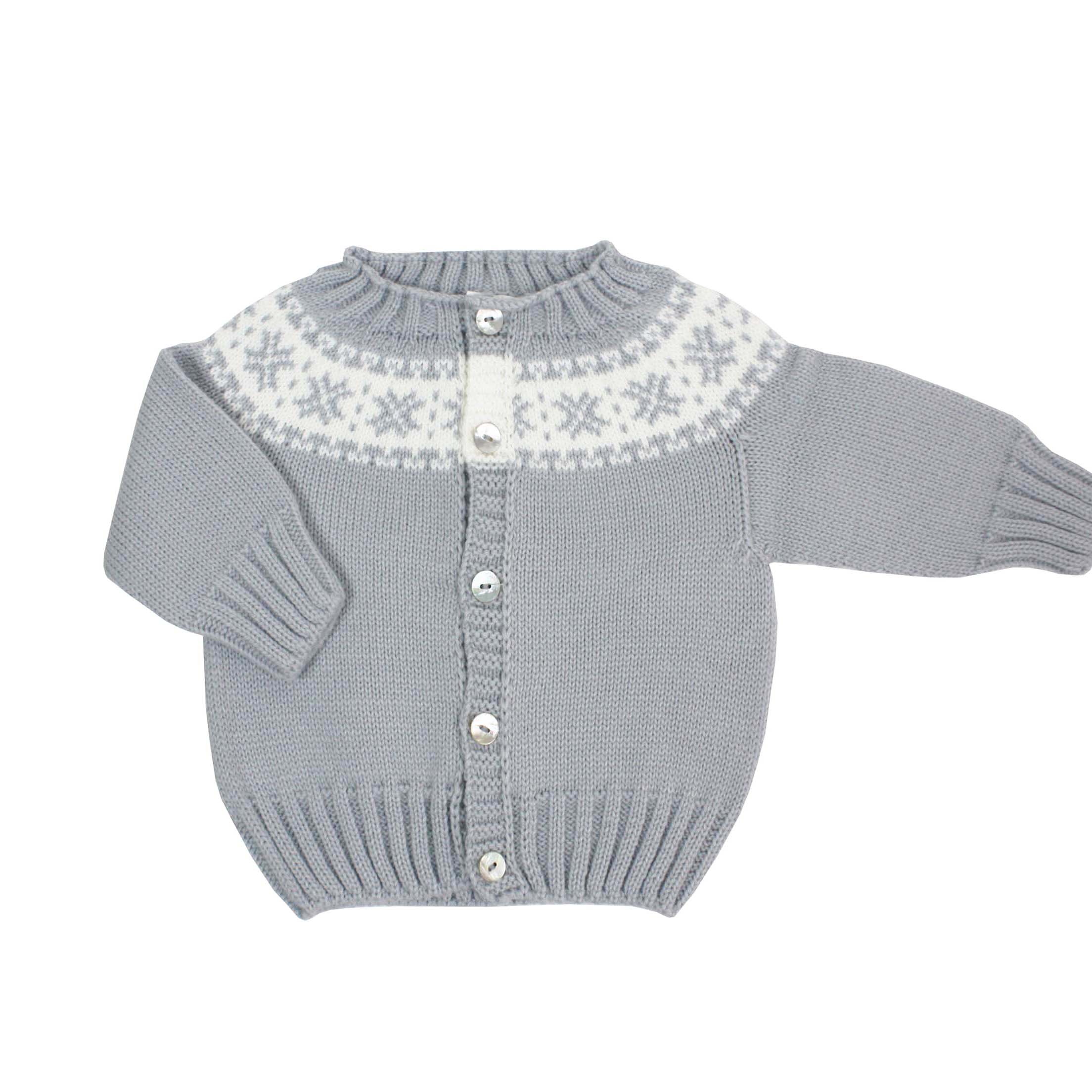 Chaqueta de punto gris con greca blanca