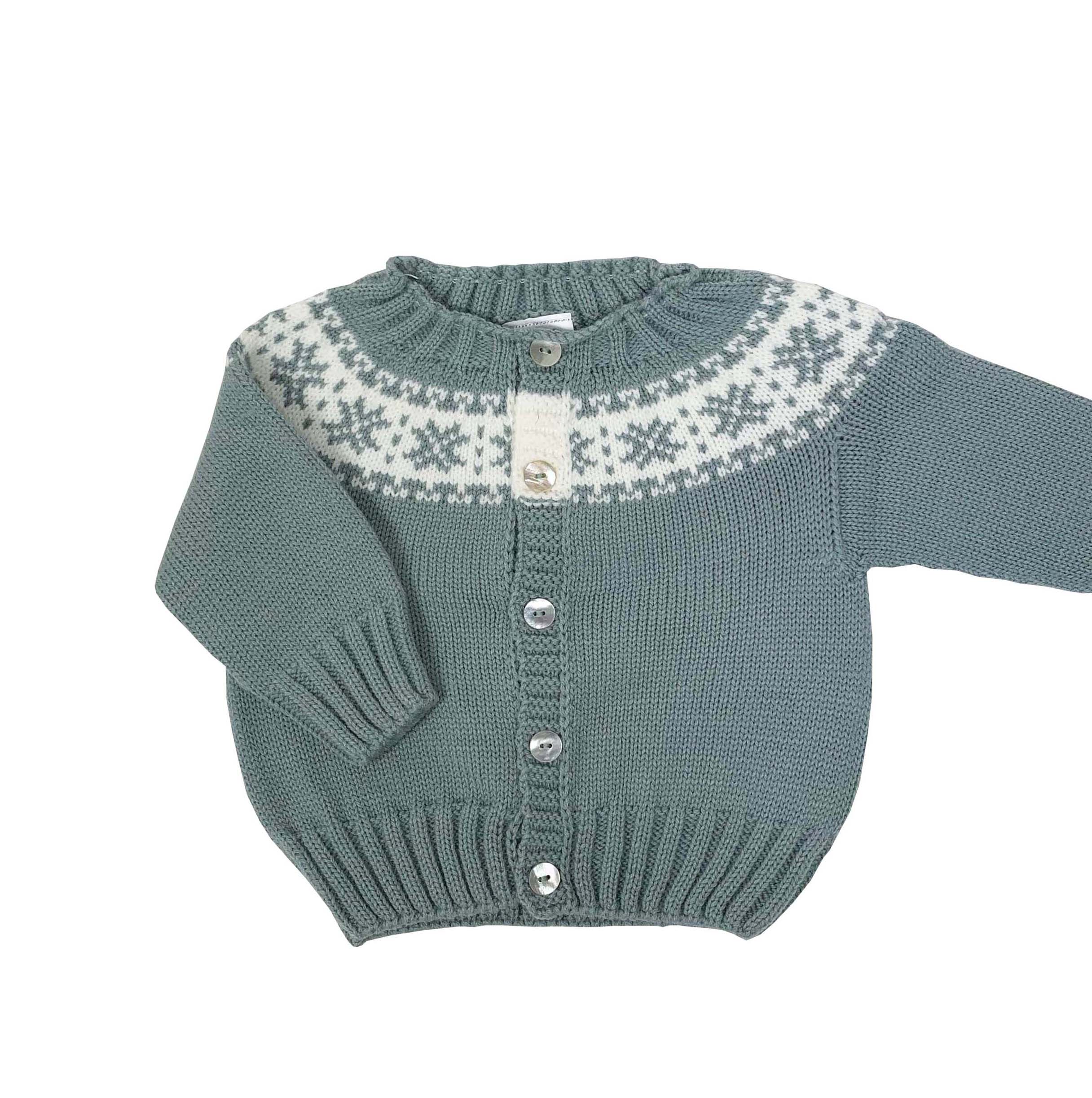Chaqueta de punto verde agua con greca blanca