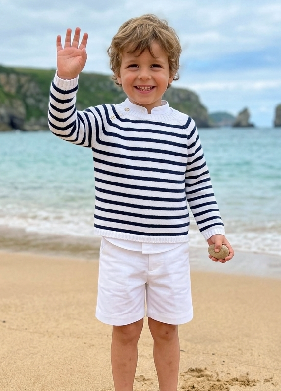 Jersey marinero en blanco con raya azul marino